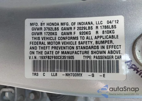 2012 Honda Civic Ex from USA, damaged, VIN 19XFB2F80CE351905